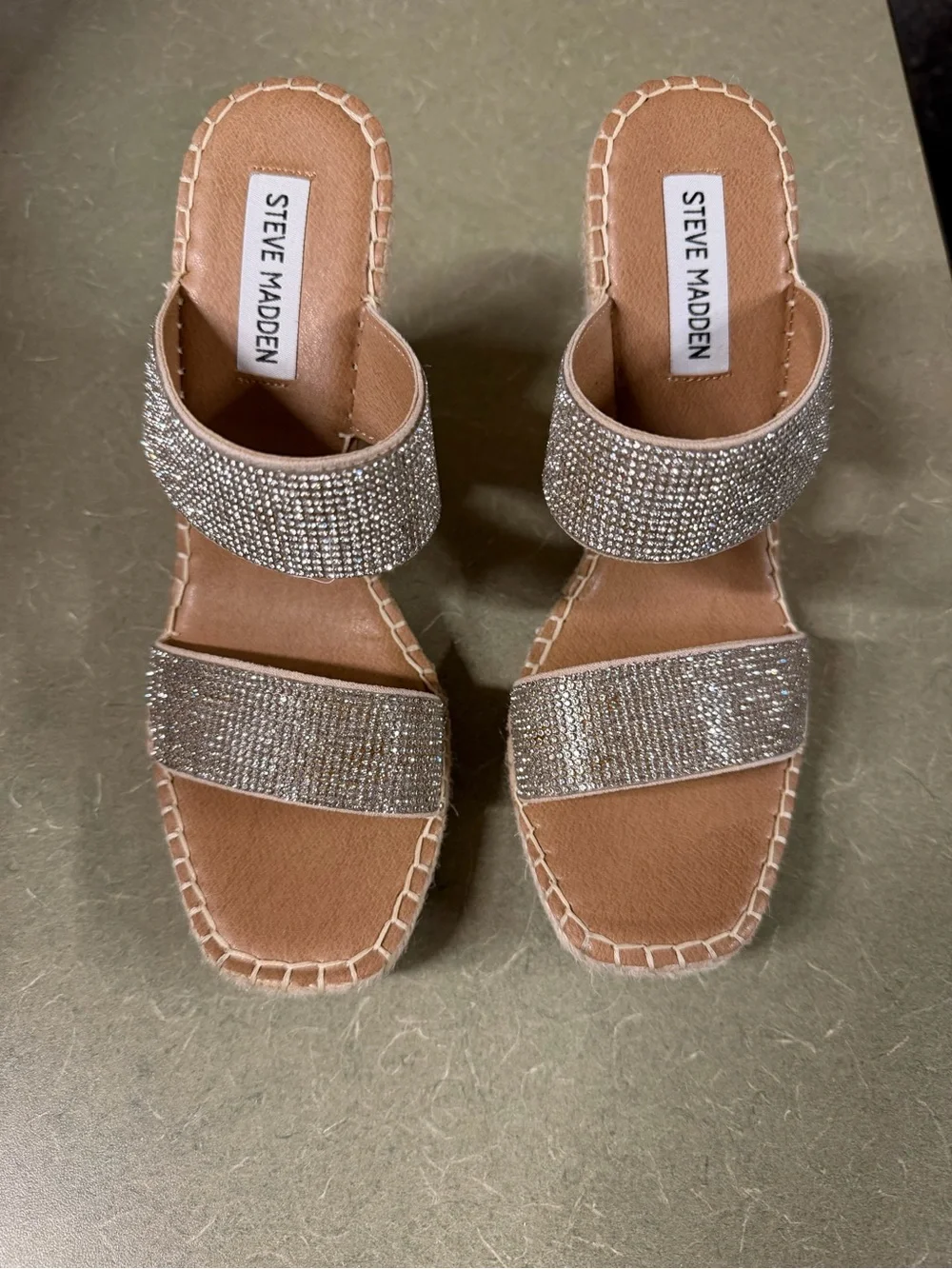 Steve Madden Tan Slide Sandals with Sparkling Silver Straps